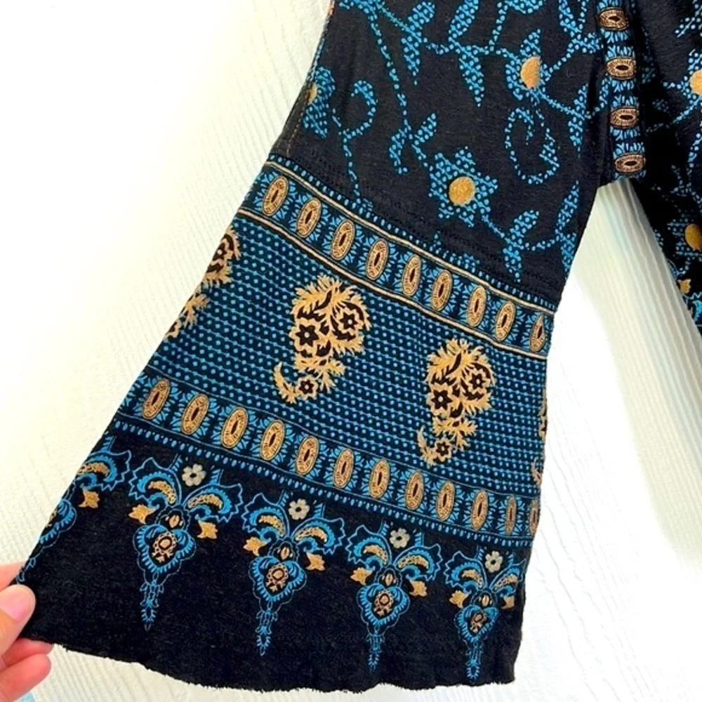 Free People - Black And Gold Medallion Peasant Boho Blouse Size XS